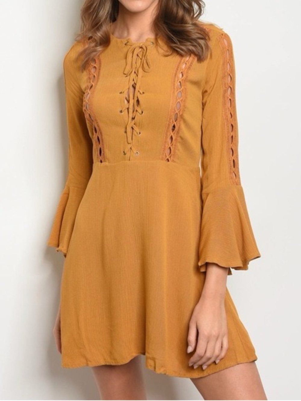 Bella Ella Lace-Up Dress Long Sleeve Whimsigoth Mustard L